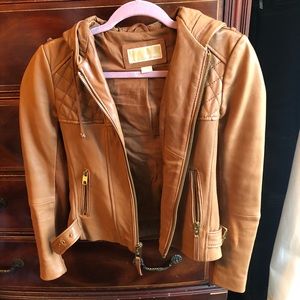 Michael Kors light brown leather hooded jacket